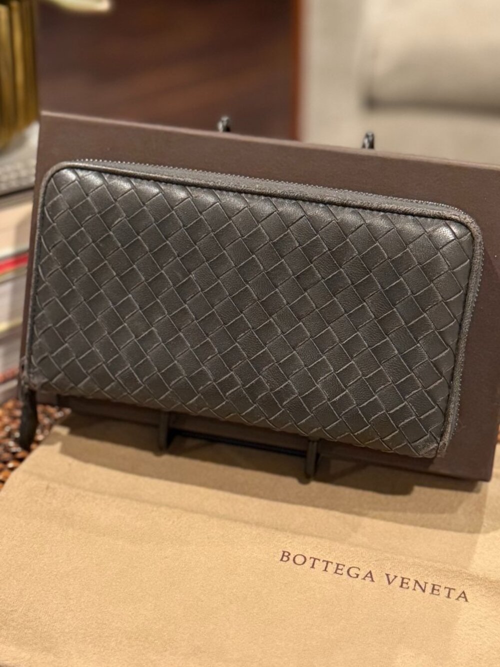 Bottega Veneta Intrecciato Leather Zip Continental Wallet Full Set (Gray)